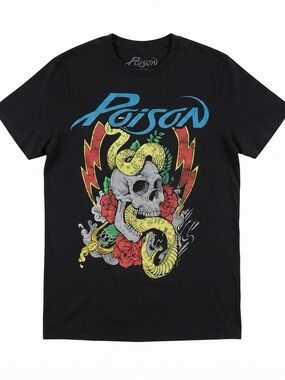 Poison Women’s Small Black Graphic T Shirt Skull Snake Roses Rock Band Tee